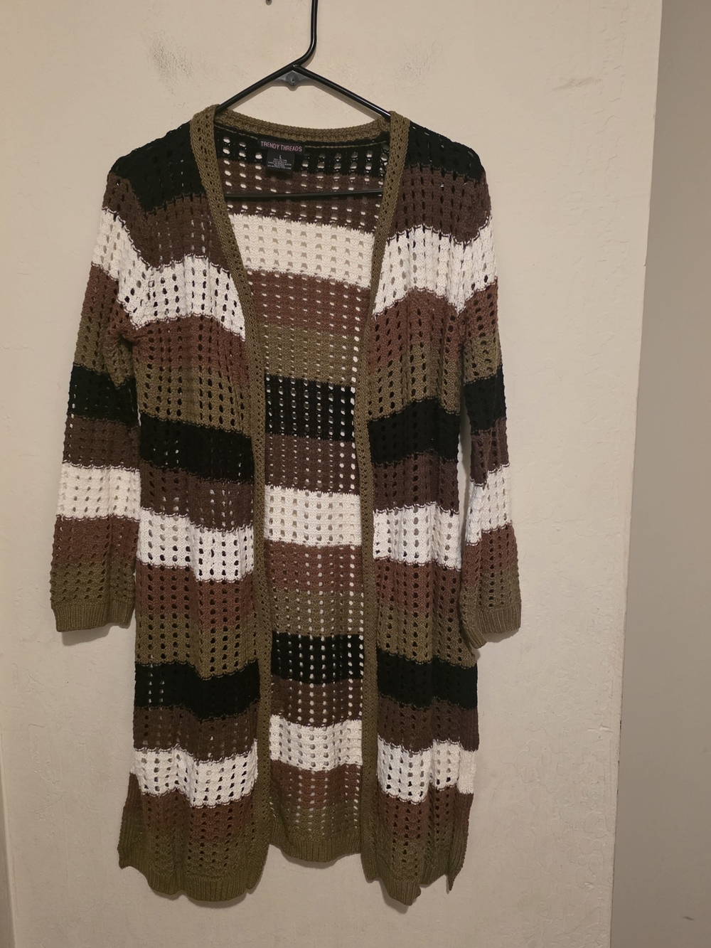 Trendy Threads Striped Open-Front Crochet Cardigan - Olive, Brown & White Size L